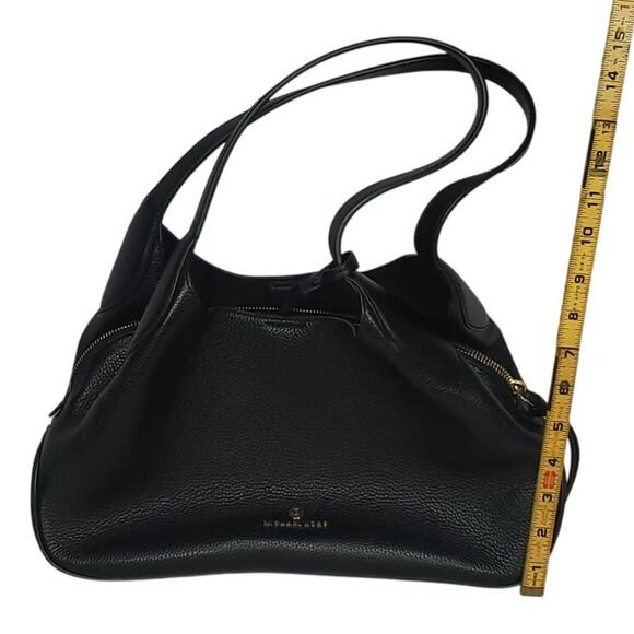 Black Pebbled Leather Shoulder Bag 3 Compartment Tote w/ Gold Zipper & Monogram - Picture 2 of 7